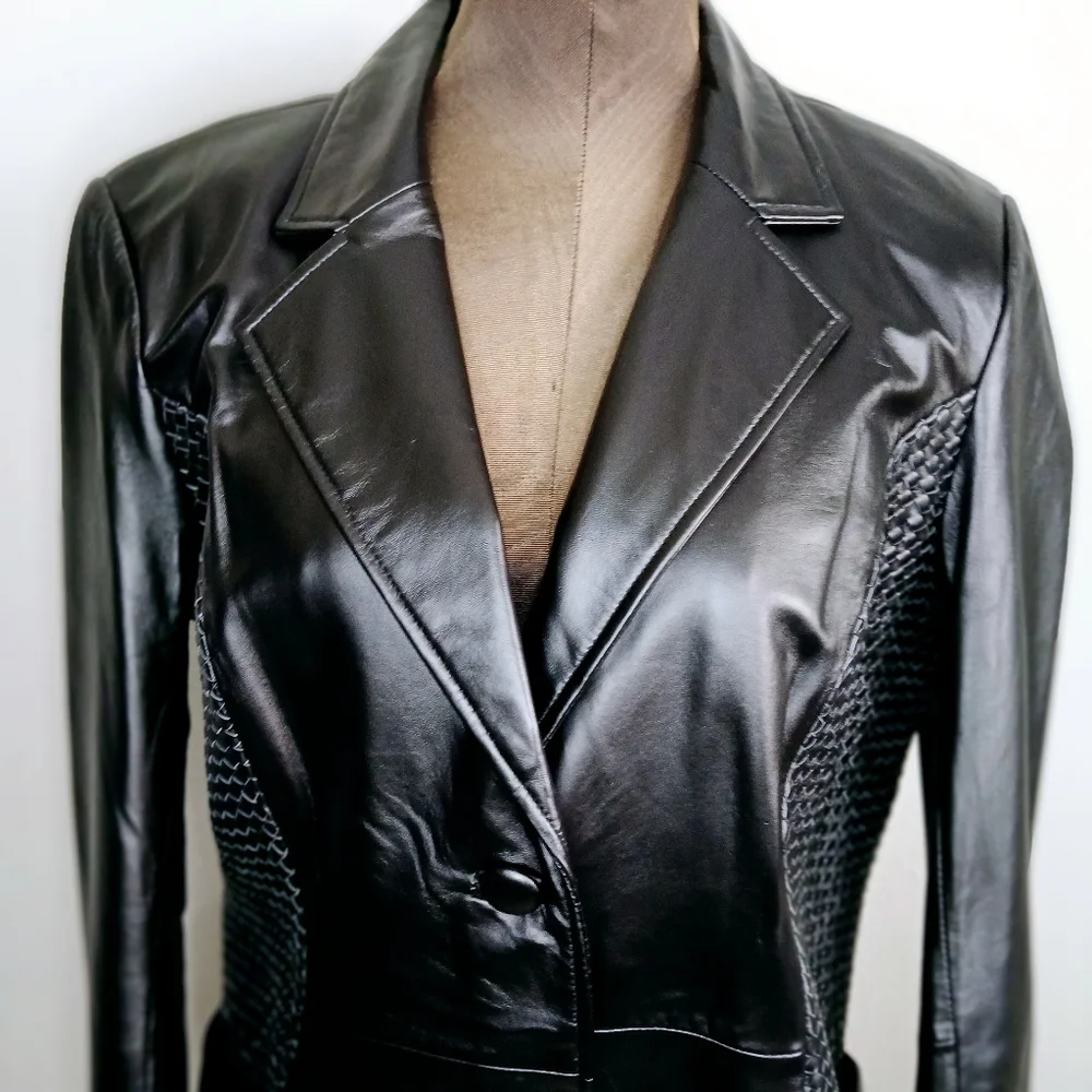 Sharif Studio Blazer Jacket Womens Size Medium Black Leather Weave Detail Biker